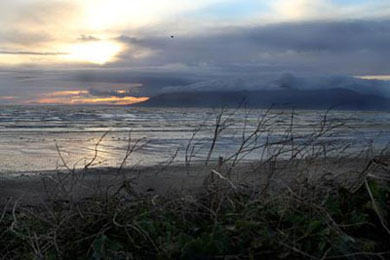 The Mournes in the distance over Dundrum Bay.