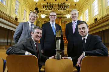 Simon Hamilton MLA, back centre, with Jeremy Fitch, Invest NI, Brian McErlain, Genesis Bakery and 2012 Entrepreneur of the Year finalist. Front row, Frank O'Keefe and Rob Herron, Ernst and Young NI   Partners.