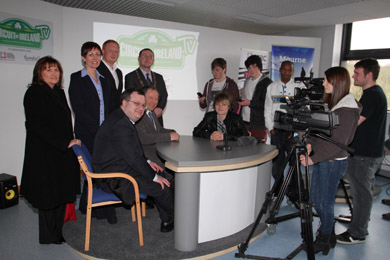 DEL MInister Dr Stephen Farry seated left front, launched the TV coverage intitiative of the Easter Stages Rally with SERC media students at the NI Film School in Ballynahinch.