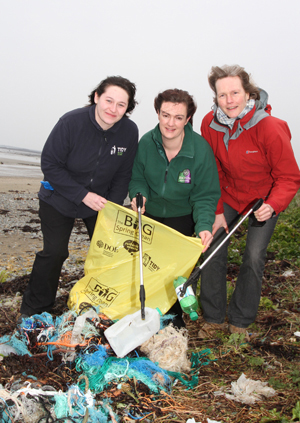 Getting ready for the Big Spring Clean at Minerstown beach are Tidy NI Campaign Officer Patricia Magee,  Rebecca McGreevy, Down Council Assistant Education Officer, and Doris Noe, Lecale Conservation Chairperson.