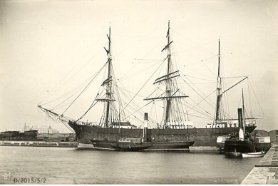 A sailing ship berthed in Killyleagh in the nineteeth century ready to take emigrants to America.