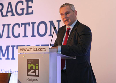 John McCallister MLA, deputy leader of NI21, speaking at the inaugural conference in the Europa Hotel. 