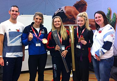 Pictured from left to right are Etienne Stott (London 2012 Gold medallist), Bethany Firth, SERC student and London 2012 Gold medallist, SERC students Jenna Frazer and Olivia Brown and Natalie Jones, London 2012 Bronze medallist.