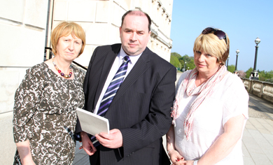 Unison officials Marion Ritchie and Sonya Graham pictured with Eamonn McGrady, chairman of the Down Community Health Committee, on the steps of Parliament Buildings at Stormont befote the Adjournment Debate on the Down Hospital A&E Minor Injuries Unit.