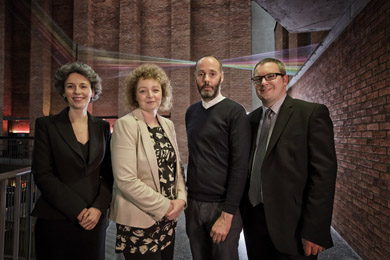 Suzanne Lyle, Head of Visual Arts at the Arts Council of Northern Ireland, NI Culture Minister Carál Ní Chuilín, Hugh Mulholland, Curator at the MAC, and Russell Whittaker, Events Executive at Northern Ireland Tourist Board, help announce the shortlist for MAC International, a new art prize launched by the MAC offering a prize of £20,000 to the winner.