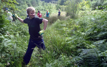 A young volunteer bashes the bracken. 