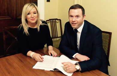 Chris Hazzard MLA   at a meeting with DARD Fisheries Minister Michelle O'Neill at Stormont. 