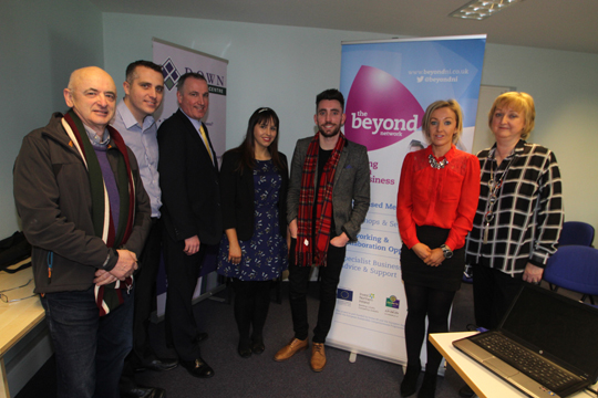 Some of those who attended the Beyond breafast presentation by Ryan Hand, thrird right. Pictured are Brendan Mulhall, Michael Forster, Down District Council, Kieran McMahon, McMahon Business Solutions, Laura Orr, CAFRE, Andrea Boyd, administrator at Down Business Centre and Centre business manager, Janice Symington.