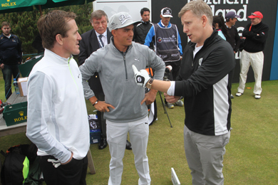 Jockey AP McCoy, top golfer Ricky Fowler and Dundrum comedian Patrick Kielty on the first tee box at RCD inn the Pro-Am. 