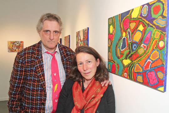 Artist Patrick Conyngham with his wife Siobhan at the launch of his Traces exhibition in the Down Arts Centre in Downpatrick.