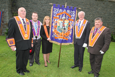 At the unfurling of the bannerette were Worshipfull Master Brother Nigel Bloomer (Lecale District No2), Worshipful Master Adam Sloan, Sister MIchelle McIlveen MLA,  Jim Shannon MP, with Brother William Walker,