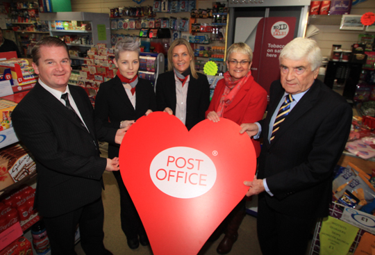 Mark Gibson, Post Office Public Affairs Manager, with xx, counter assistant,  Bronagh Hynds, Ardglass, Post Office operator, South Down MP Margaret Ritchie and Newry Mourne and Down District Councillor Dermot Curran.