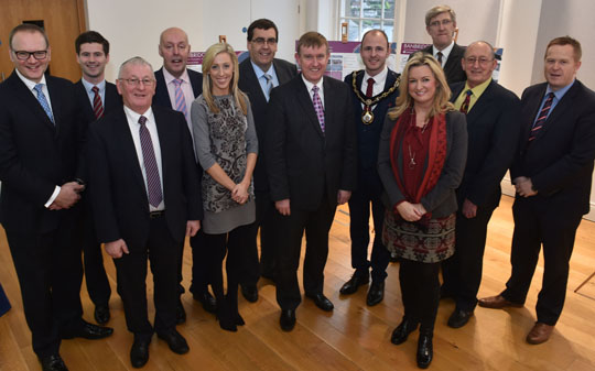 Minister for Social Development, Mervyn Storey MLA, has called on local residents to have their say on the future development of Banbridge town centre.Minister Storey is joined by the Lord Mayor; Councillor Darryn Causby; and Roger Wilson; Chief Executive Armagh City Banbridge & Craigavon Borough Council (far left) and local elected representatives; during a visit to Banbridge Old Town Hall to view the Banbridge masterplan proposals. ( Simon Graham/Harrison Photography).
