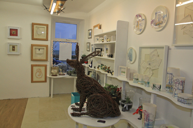 A sculpted willow hare sits among the wide range of craft goods at Bayview Synergie Studios in Newcastle.