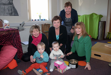 Photograph by Declan Roughan (L-R) Katrina Godfrey Deputy Permanent Secretary Department of Education, Pauline Walmsley, Director of Knowledge with Early Years, Siobhan Fitzpatrick, Chief Executive of Early Years, and Linda Drysdale Early Years Team Department Of Education. The children are (L-R) John Gilmore aged 18 months and Cain Campbell aged 10 months.