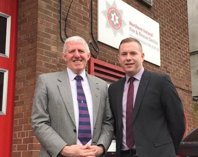Stephen Boyd, Regional Secretary of The Fire Brigades Union, with Chris Hazzard MLA, outside Downpatrick Fire Station.