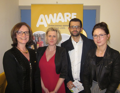 Speakers at the AWARE Public Talk on depression (L-R) Siobhan Doherty (AWARE Chief Executive), Maire Grattan (Carer Advocate, Cause), Dr Ajwad Mobayed (Specialist registrar in general Adult Psychiatry) and Doctor Claire McKenna (Specialist registrar in Child and Adolescent Psychiatr