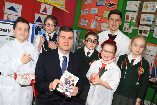 The NHS rediscovered: Councillor Colin McGrath pictured with P5-7 pupils at St Malachy's Primary School in Kilclief. Included from left are P5-7 pupils Fintan Magee, Aoife Fitzsimons, Niamh Exley, Clodagh Cultra and Charlotte Brookney with teacher Michael McGarrity.