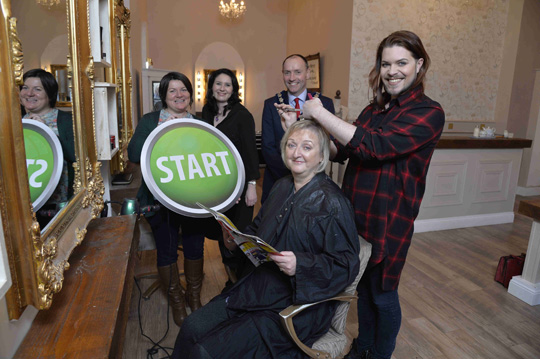 Newry, Mourne and Down District Council Chairperson, Councillor Mickey Ruane with (L-R) Cara Dallat, Regional Start Initiative Programme Manager at Enterprise NI; Janice Symington and Joan Tummon of Down Business Centre and James Wallace, Owner of James Wallace Creative.