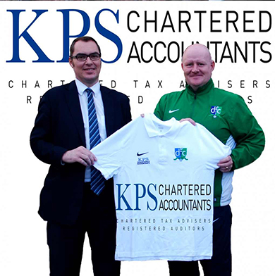 Sponsor Kyran Smyth of KPS Chartered Accountants with Paul Moore, Downpatrick FC Youth Development Officer.