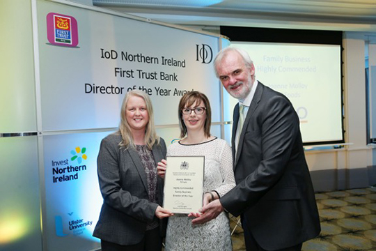 (l-r) Maybeth Shaw (Partner, Tax & Wealth Management BDO), Joanne Molloy (Commercial Director, TS Foods) and event host Tim McGarry (author, actor and comedian) ay the IoD awards in the Merchant Hotel in Belfast. 
