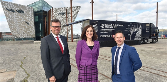 Secretary of State for Northern Ireland, Theresa Villiers MP and Invest NI CEO Alastair Hamilton officially launch the Exporting is GREAT roadshow in Northern Ireland. The 32 tonne Export Hub will be visiting five locations as part of a campaign to boost exports. Joining them is Brendan McGurgan, Managing Director of CDE Global Ltd based in Cookstown which enjoys continued success in global markets.