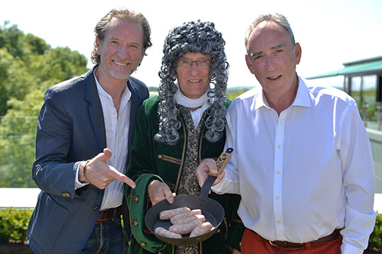 A ‘sweet’ partnership announced for local chocolate festival: Chef Paul Rankin, ;eft,  and Finnebrogue Artisan Chairman Denis Lynn, right, join Sir Hans Sloane, the 17th Century  County Down-born inventor of milk chocolate, to announce Finnebrogue Artisan’s sponsorship of the 2016 Hans Sloane Chocolate & Fine Food Festival, Killyleagh.  Set to take place from 23rd to 25th September, this year’s festival is planned to be the largest one yet, with over 15 chocolatiers and nearly 40 local artisan food producers setting up camp at Killyleagh Castle for the weekend-long festival.  