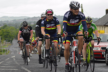 Shimna Wheelers Danny O'Boyle and Ronan Kelly at the front of the peloton.