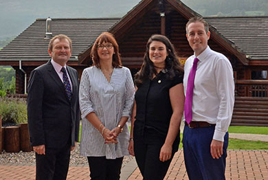 Communities Minister, Paul Givan pictured during a visit to Daisy Lodge, Newcastle with (ltr) David Martin, Irish Football Association President, Liz Osborne and Sorcha Mac Laimhin from the Cancer Fund for Children charity.