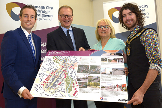 Banbridge Masterplan: Minister for Communities, Paul Givan MLA, left, is pictured at the Launch of the Banbridge Masterplan with Chief Executive Roger Wilson,  Town Centre Manager Michelle Brown with Armagh City, Banbridge Craigavon Borough Council Lord Mayor Cllr Gareth Keating,
