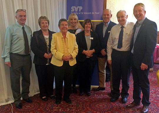 At the event were (l-r) Aidan Crawford, Regional President of SVP; Geraldine Magee, Training Co-ordinator from the East Down area; Prof Eileen Evason; Pauline Brown, Regional Manager for SVP; Mairead Breen from Newcastle, Chair of the SVP Overview Committee; Brendan O’Neill, Regional Vice President of SVP, Cormac Wilson, Regional Senior Vice President of SVP and Sean O’Neill, Chair of the SVP Finance Committee.