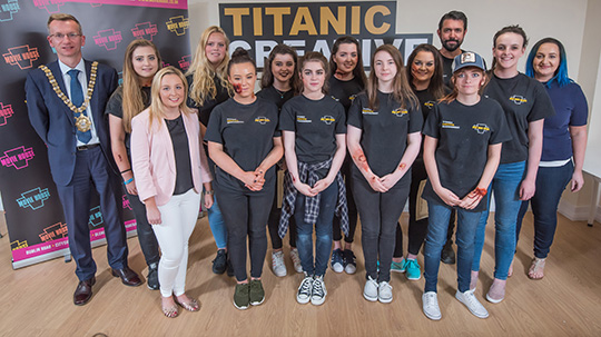 u200bLord Mayor of Belfast Alderman Brian Kingston joins Nicola McAdam of Movie House Cinemas, Hollywood makeup artist Brian Kinney and founder of Titanic Creative Management Nuala Campbell in congratulating students on graduating from the first Titanic Creative Management Summer School. u200bu200b