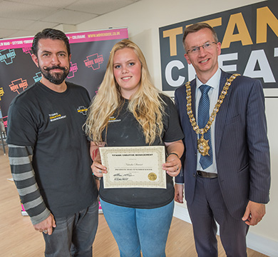 Natasha Stewart from Killyleagh is congratulated on graduating from Titanic Creative Management Summer School by Hollywood makeup artist Brian Kinney and Lord Mayor of Belfast Alderman Brian Kingston.