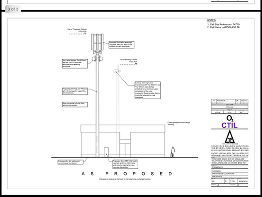 A side elevation of the proposed mast at the BT phone exchange in Ardglass.