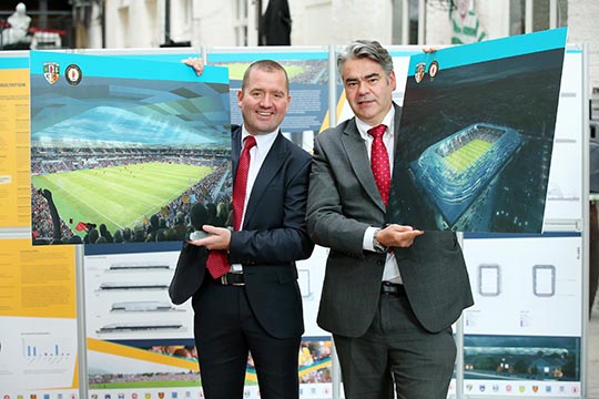 Ulster GAA today unveiled its proposed designs for a new provincial stadium at Casement Park to members of the public at West Belfast's Conway Mill and outlined its process to seek the views of all interested parties. Pictured at Conway Mill is Stephen McGeehan, Project Sponsor, Casement Park Stadium Development and Rory Miskelly, Casement Park Project Director.