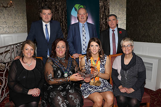 Bethany Firth local swimming paralympian and Triple gold Medal Winner at the Rio Paralympics was honoured by Newry, Mourne and Down District Council. Front row (l-r) South Down MLA Sinéad Bradley; Chairperson of NMDDC, Gillian Fitzpatrick; medalist Bethany Firth; Margaret Ritchie, MP for South Down; back row, (l-r) South Down MLA Colin McGrath, NMDDC Chief Executive Liam Hannaway” and South Down MLA Harold McKee.