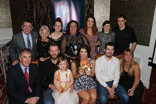 Bethany Firth, local swimming paralympian and Triple Gold Medal Winner at the Rio Paralympics pictured with her family and Chairperson NMDDC Gillian Fitzpatrick at the Civic Reception hosted by Newry, Mourne and Down District Council to honour Bethany's achievements.