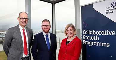 Economy Minister Simon Hamilton has launched the new Invest Northern Ireland Collaborative Growth Programme in Belfast today. Invest Northern Ireland has allocated £5.7m funding over the next five years to help stimulate innovation among local businesses. Joining the Minister at the launch, along with over 150 delegates at Titanic Belfast, was Christian Ketels, a leading economist and world renowned expert in clusters and competitiveness from Harvard Business School who gave the keynote address. Delegates also heard about previous programme success including Kilkeel-based Sea Source, who in the last 18 months secured £8million of new business as a result of the work by the Kilkeel Harbour Works network of 14 businesses. Pictured with the Minister are Christian Ketels and Invest Northern IrelandÕs Tracy Meharg.