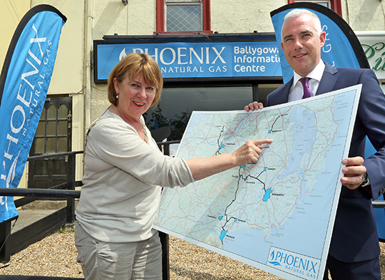 The Mayor of Ards and North Down, Alderman Deborah Girvan, and Jonathan Martindale from Phoenix Natural Gas, pictured at the Ballygowan Phoenix Information Centre pop-up shop.