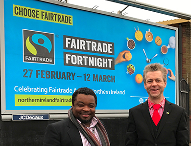 Dr Christopher Stange, Consulate of St. Vincent and the Grenadines to Northern Ireland with Joseph Ricketts, ACSONI Manager launching Fairtrade Fortnight 2017 Festival Billboards in Northern Ireland.